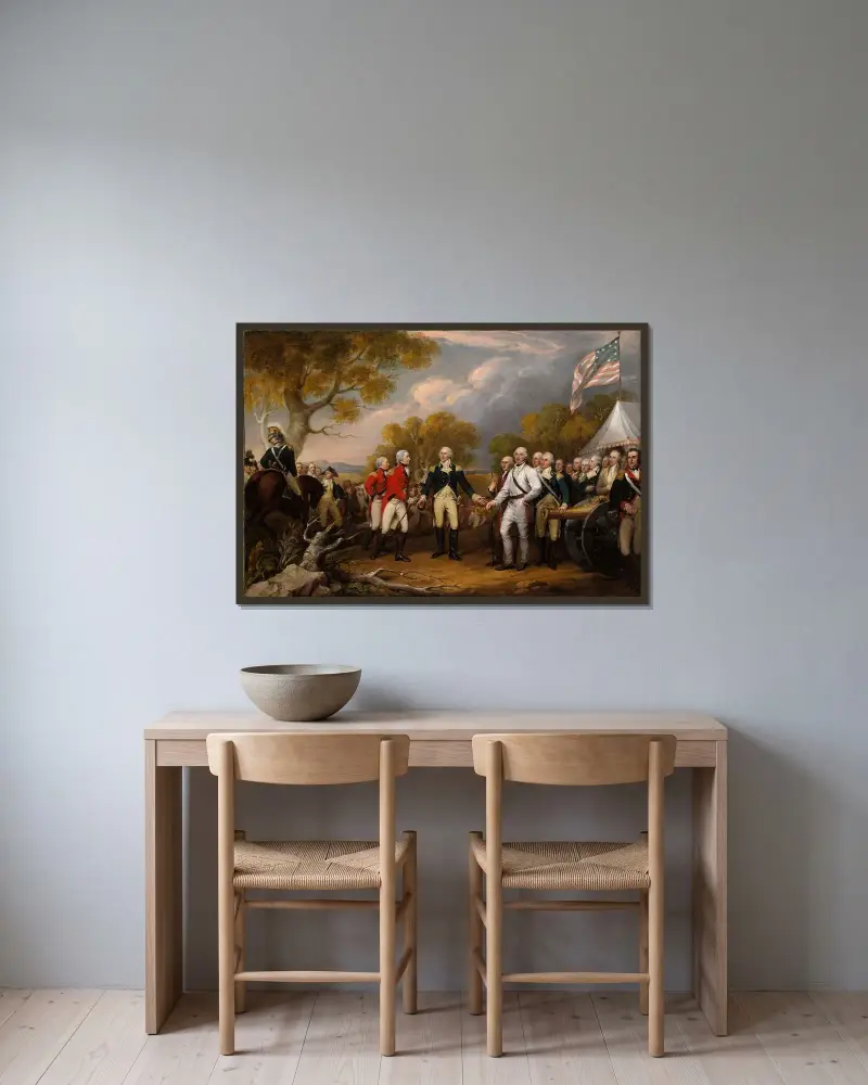 General Burgoynes kapitulation vid Saratoga, 16 oktober av John Trumbull inramad på en vägg