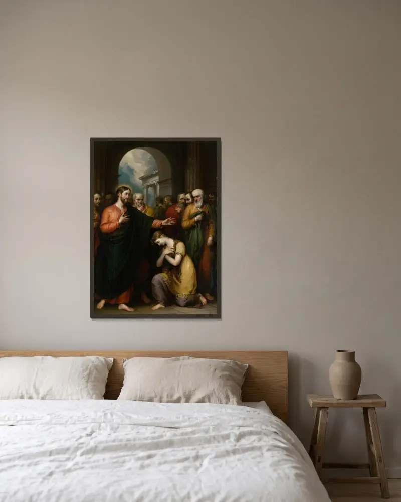 Kvinnan som greps i äktenskapsbrott av John Trumbull inramad på en vägg