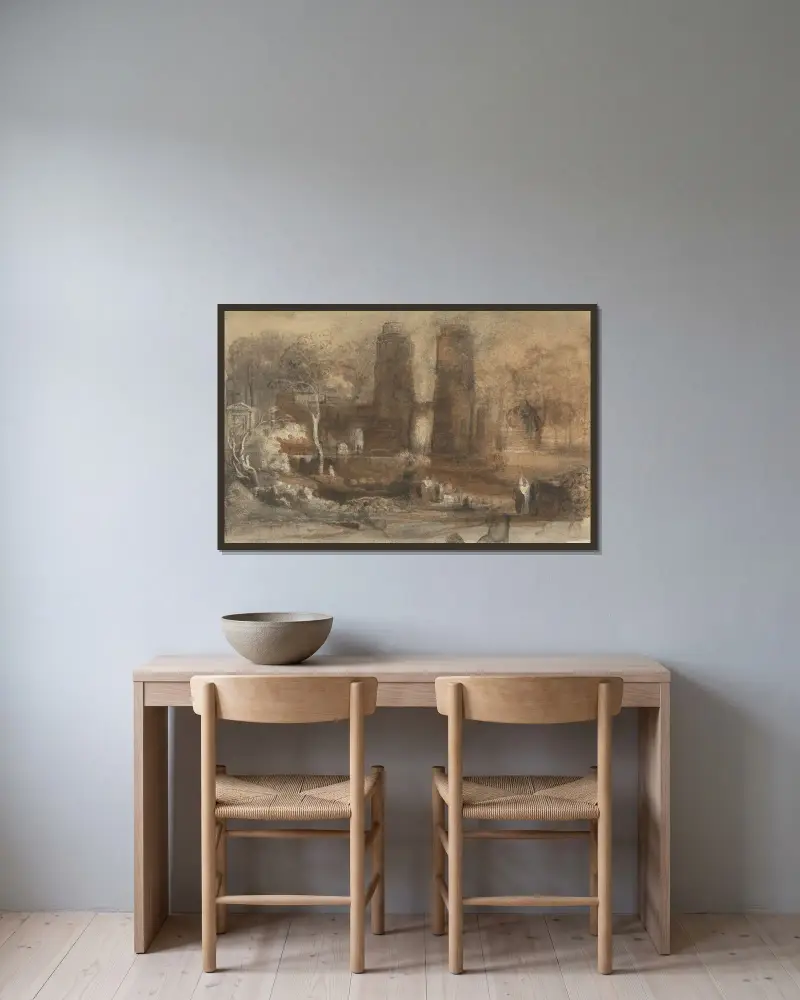 Eine romantische Landschaft von John Varley gerahmt an einer Wand