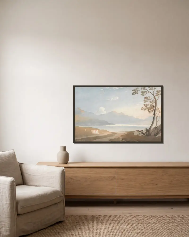 En walesisk landskapsmålning (A Welsh Landscape a Lay-in’) av John Varley inramad på en vägg