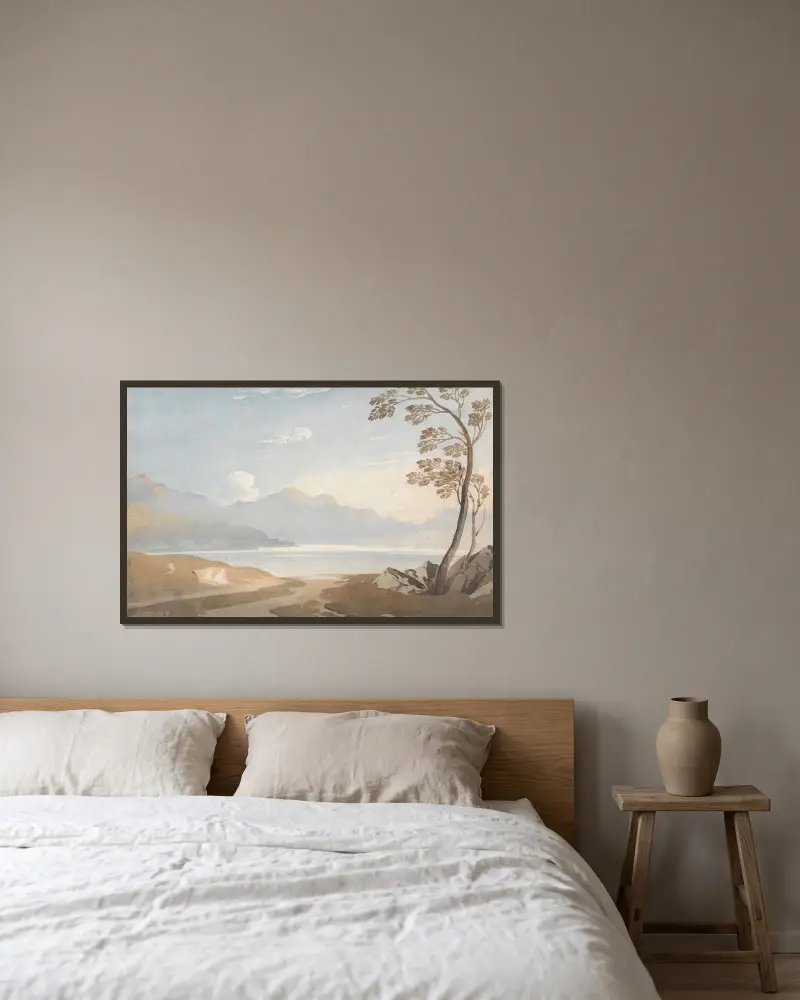 En walesisk landskapsmålning (A Welsh Landscape a Lay-in’) av John Varley inramad på en vägg
