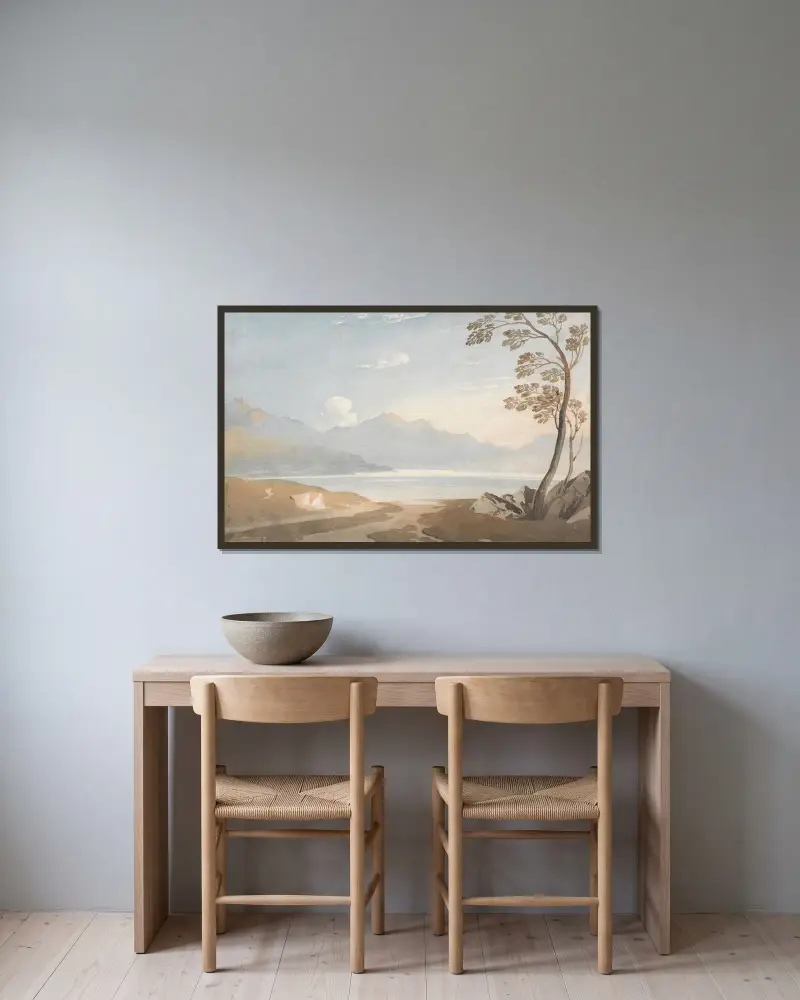 En walesisk landskapsmålning (A Welsh Landscape a Lay-in’) av John Varley inramad på en vägg