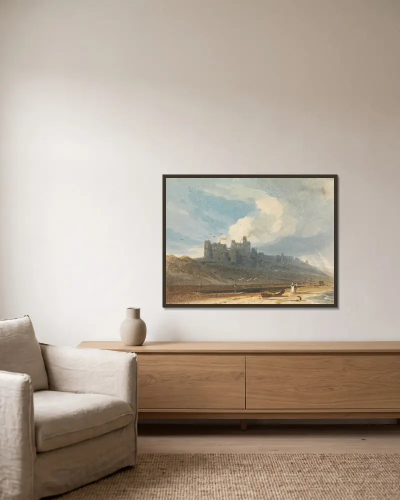 Bamburgh Castle, Northumberland av John Varley inramad på en vägg
