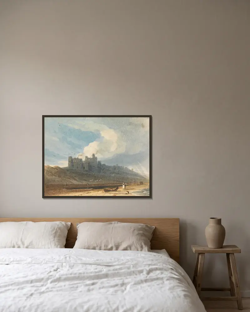Bamburgh Castle, Northumberland av John Varley inramad på en vägg