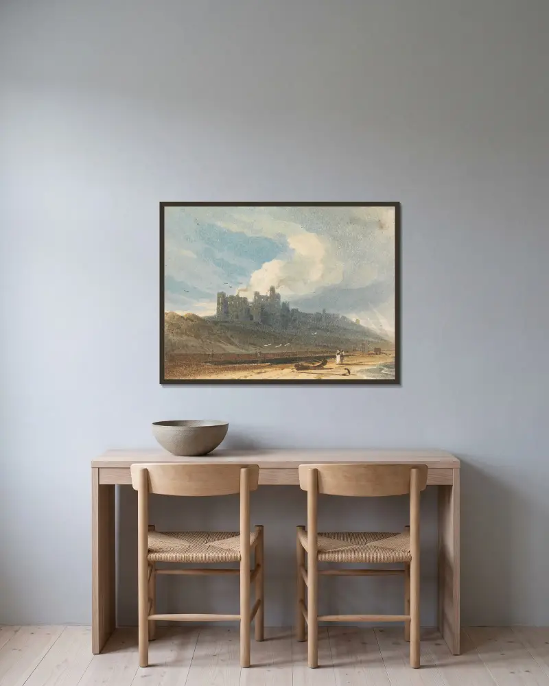 Bamburgh Castle, Northumberland av John Varley inramad på en vägg