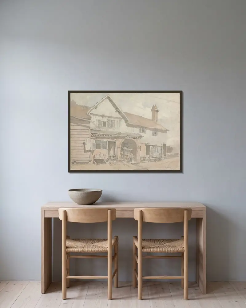 Bondgård med brunn av John Varley inramad på en vägg