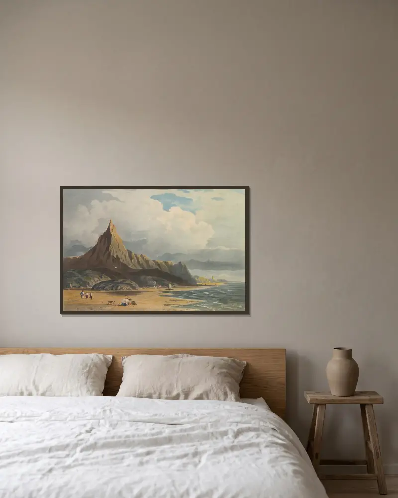 Figurer på stranden vid Barmouth, Nordwales av John Varley inramad på en vägg