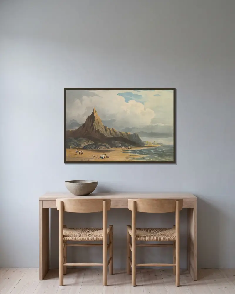 Figurer på stranden vid Barmouth, Nordwales av John Varley inramad på en vägg