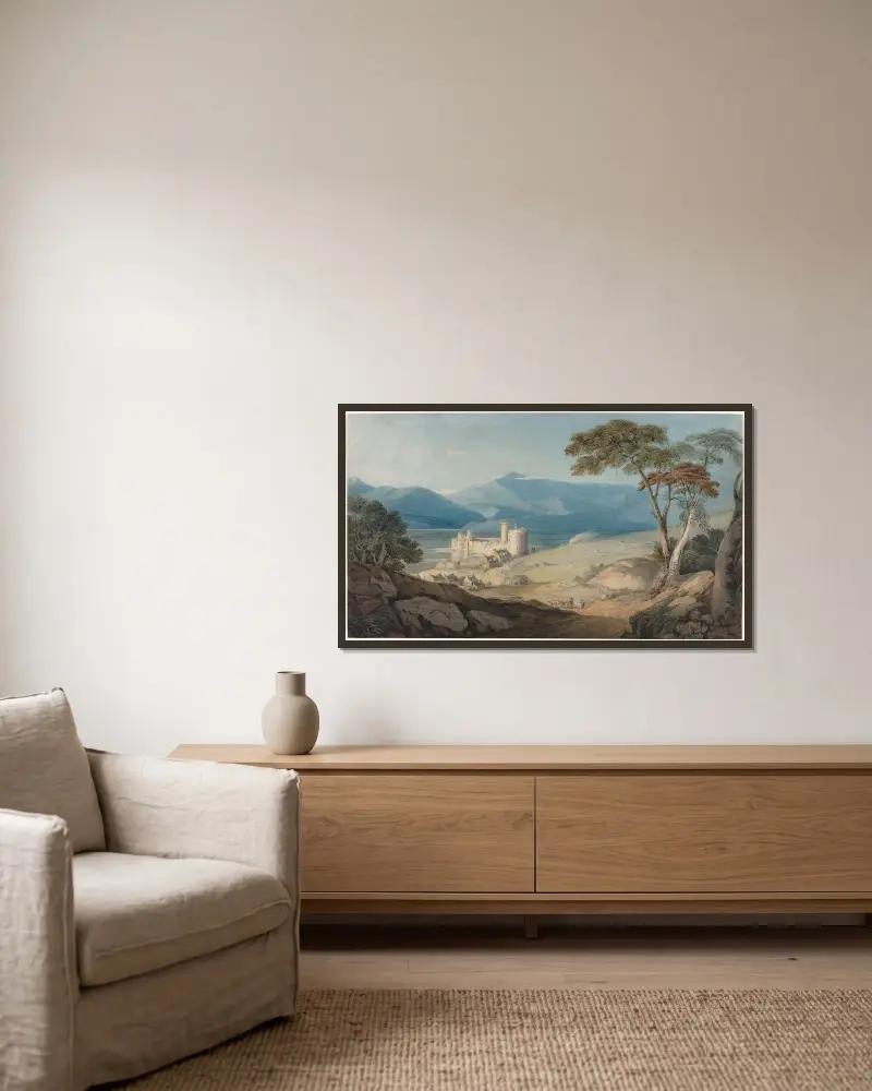 Harlech Castle and Snowdon av John Varley inramad på en vägg