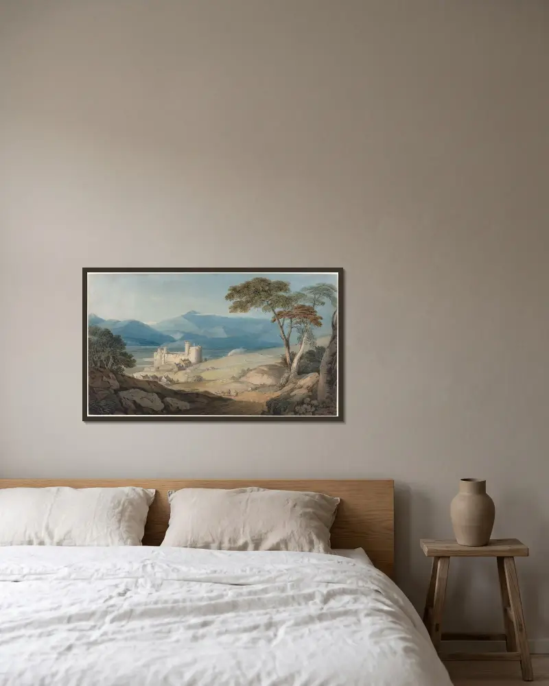 Harlech Castle and Snowdon av John Varley inramad på en vägg