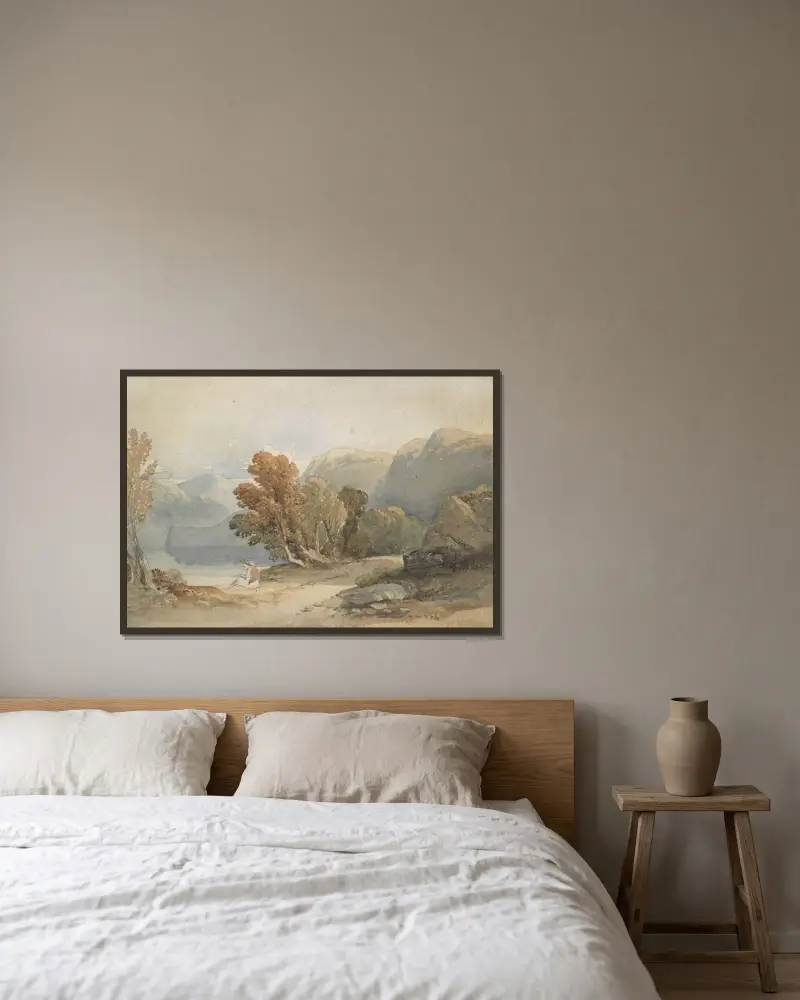 Landskap, sjö och figur av John Varley inramad på en vägg