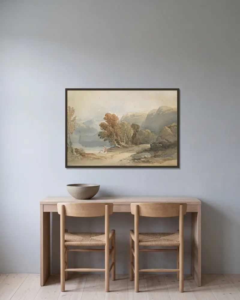 Landskap, sjö och figur av John Varley inramad på en vägg