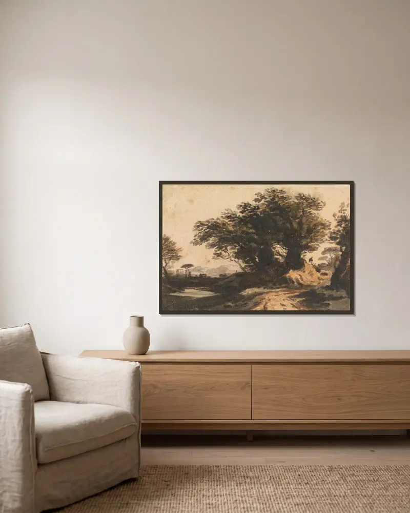 Landschaft mit einer Baumgruppe nahe einem Weg und einem Bach von John Varley gerahmt an einer Wand