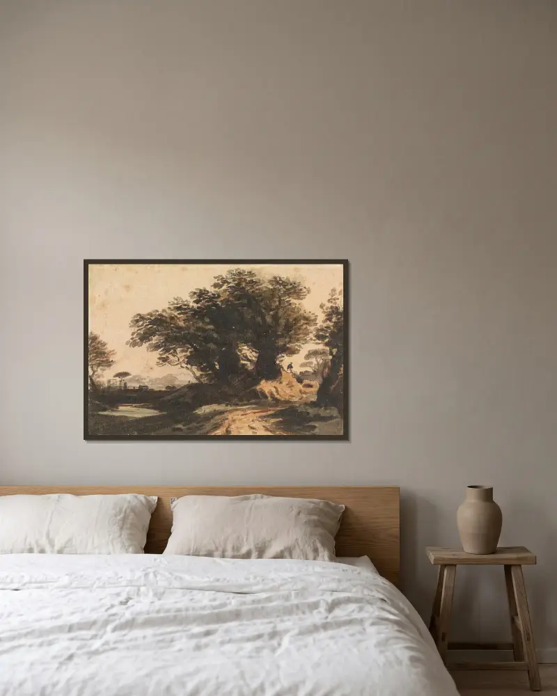 Landschaft mit einer Baumgruppe nahe einem Weg und einem Bach von John Varley gerahmt an einer Wand