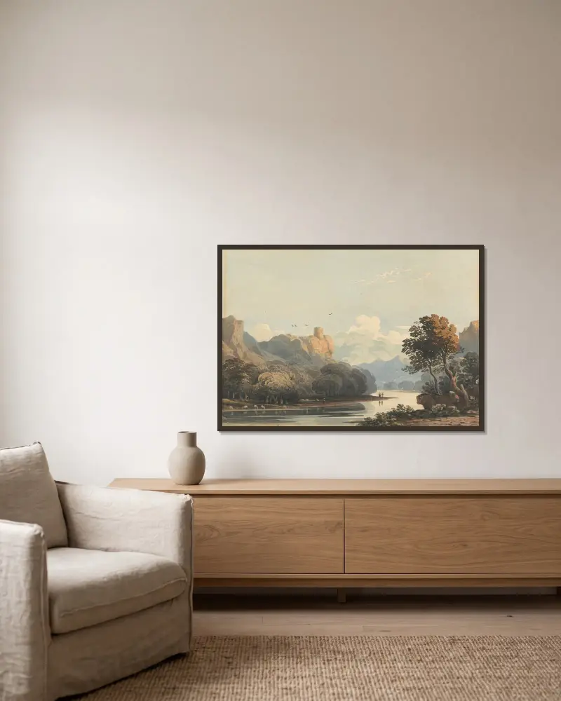 Landschaft mit einem fernen Turm von John Varley gerahmt an einer Wand
