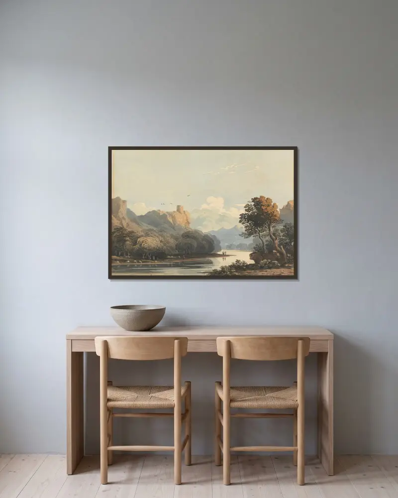 Landschaft mit einem fernen Turm von John Varley gerahmt an einer Wand