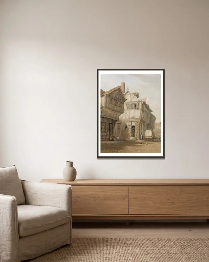 Alte Häuser, Coventry von John Varley gerahmt an einer Wand