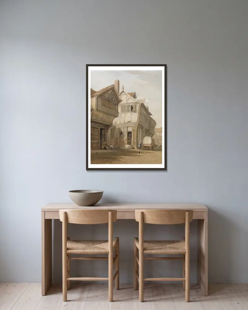 Alte Häuser, Coventry von John Varley gerahmt an einer Wand