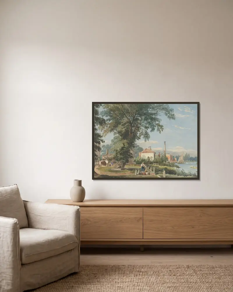An der Themse bei Hammersmith von John Varley gerahmt an einer Wand