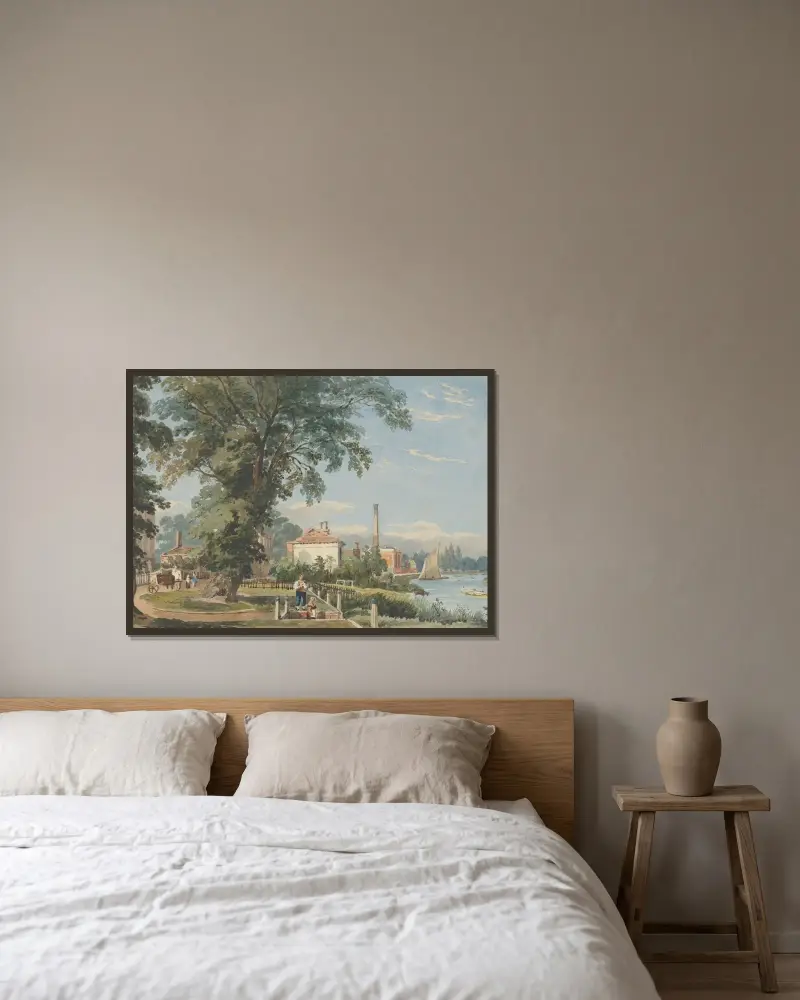 An der Themse bei Hammersmith von John Varley gerahmt an einer Wand