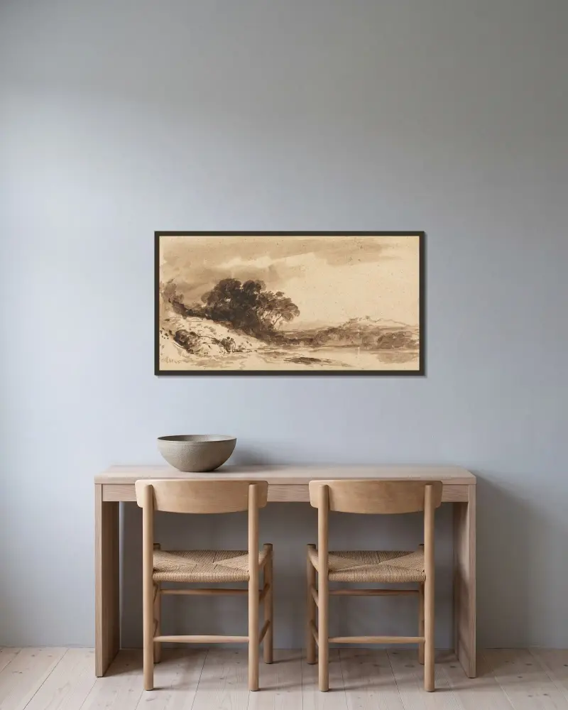 Flodlandskap med två figurer, sjö och avlägsna berg av John Varley inramad på en vägg