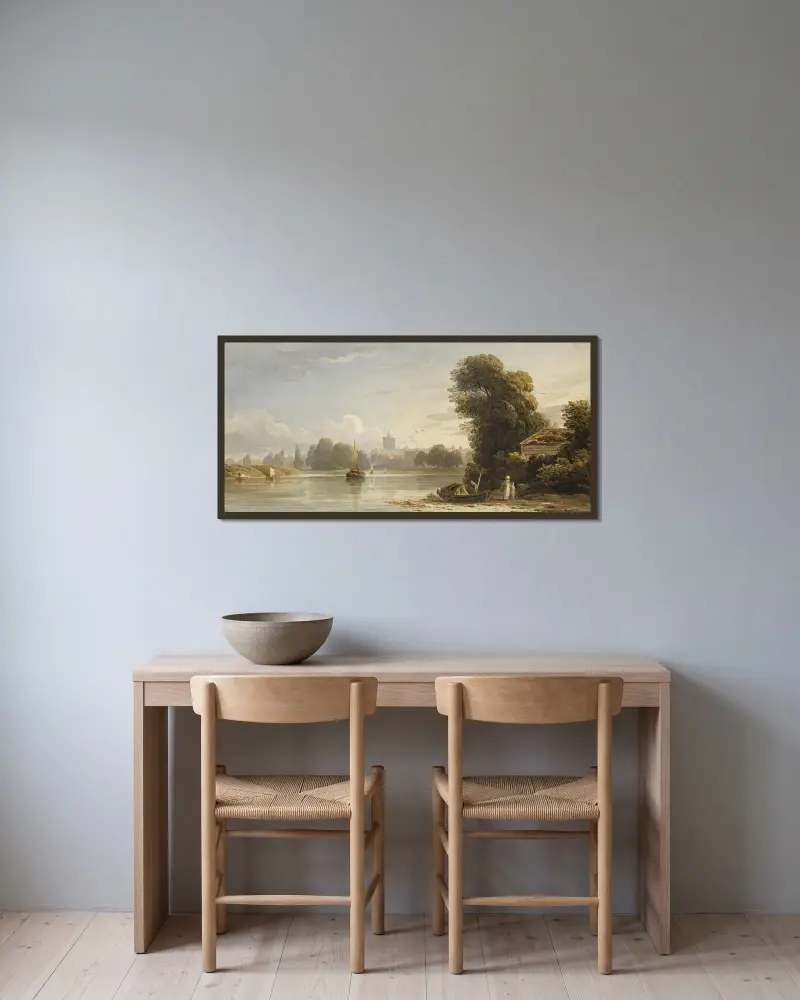 Themsen vid Chiswick av John Varley inramad på en vägg