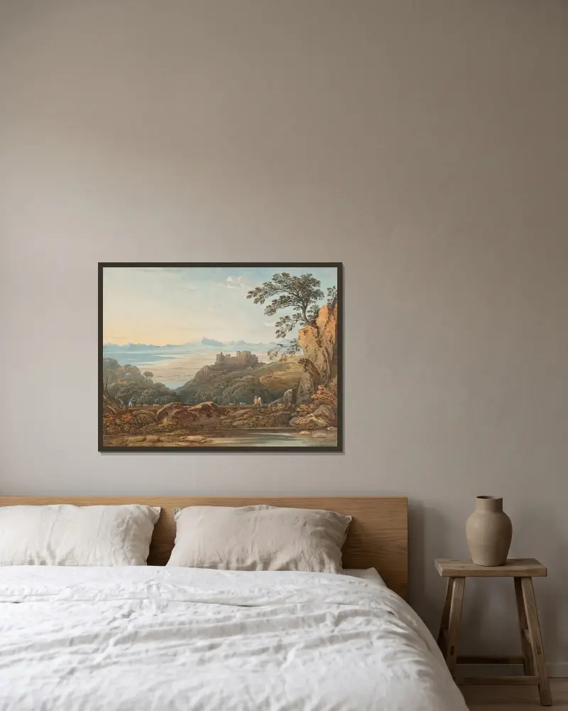 Vy över Harlech Castle, Nordwales av John Varley inramad på en vägg