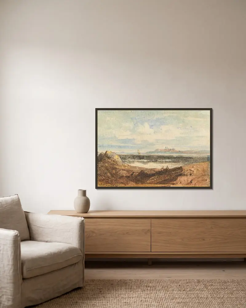 Vy över kuperad kustlinje, Bamburgh, Northumberland av John Varley inramad på en vägg