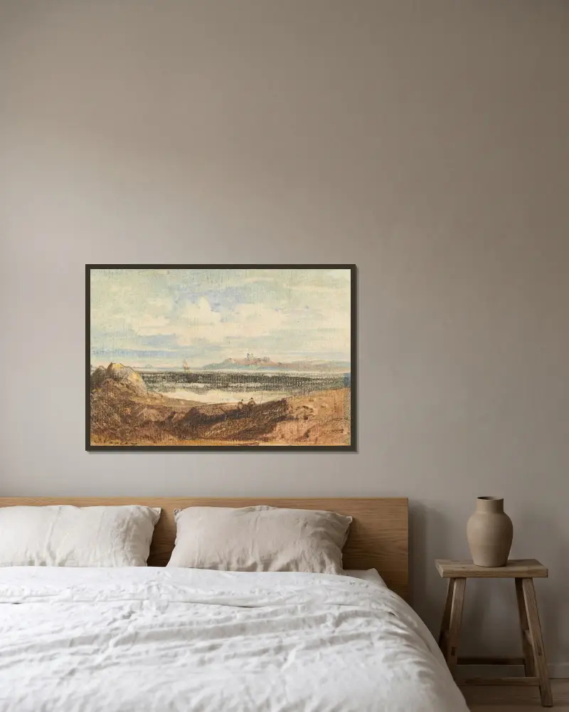 Vy över kuperad kustlinje, Bamburgh, Northumberland av John Varley inramad på en vägg