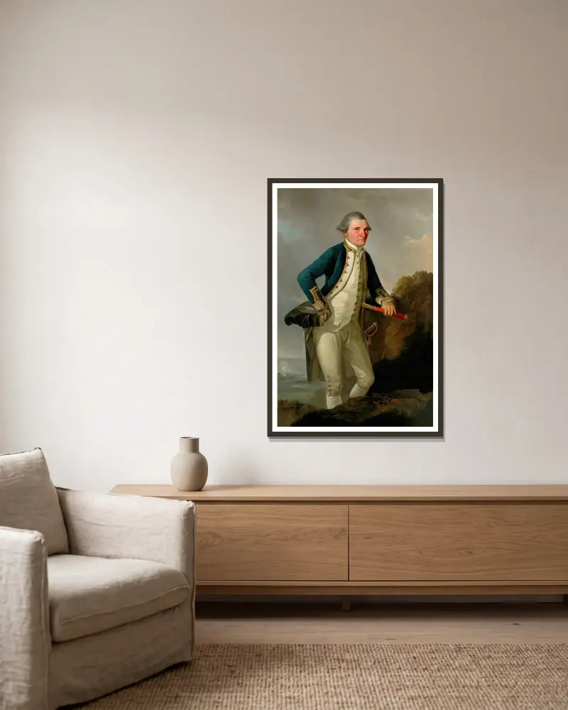 Portrait of Captain James Cook av John Webber inramad på en vägg