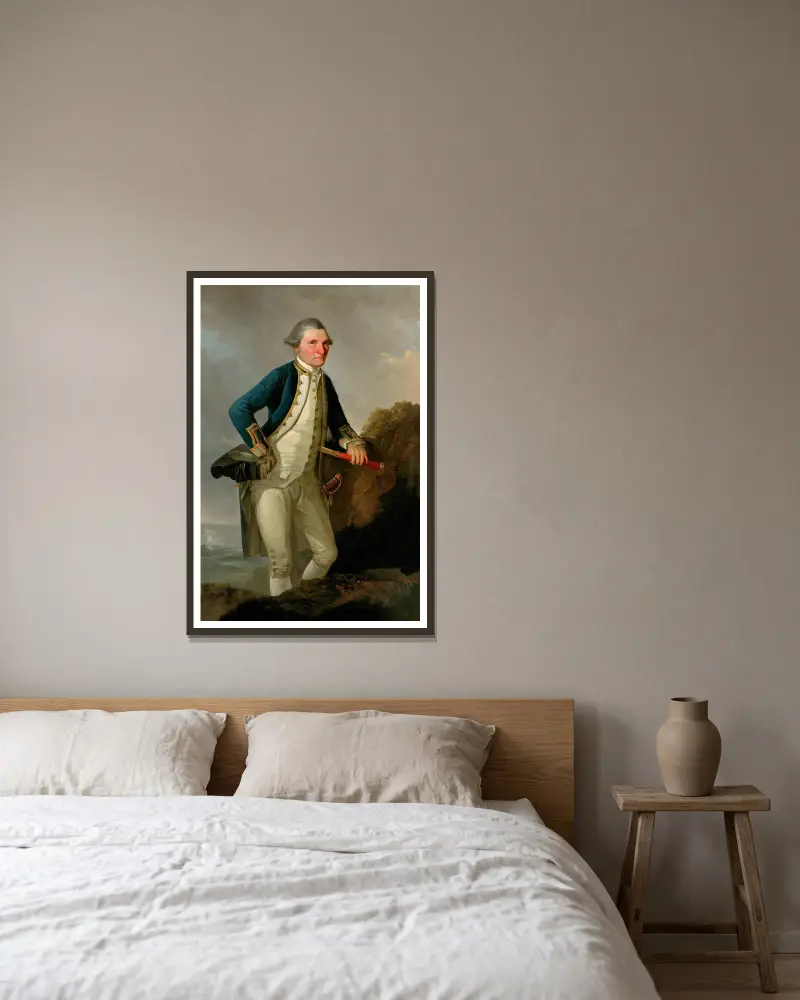 Portrait of Captain James Cook av John Webber inramad på en vägg