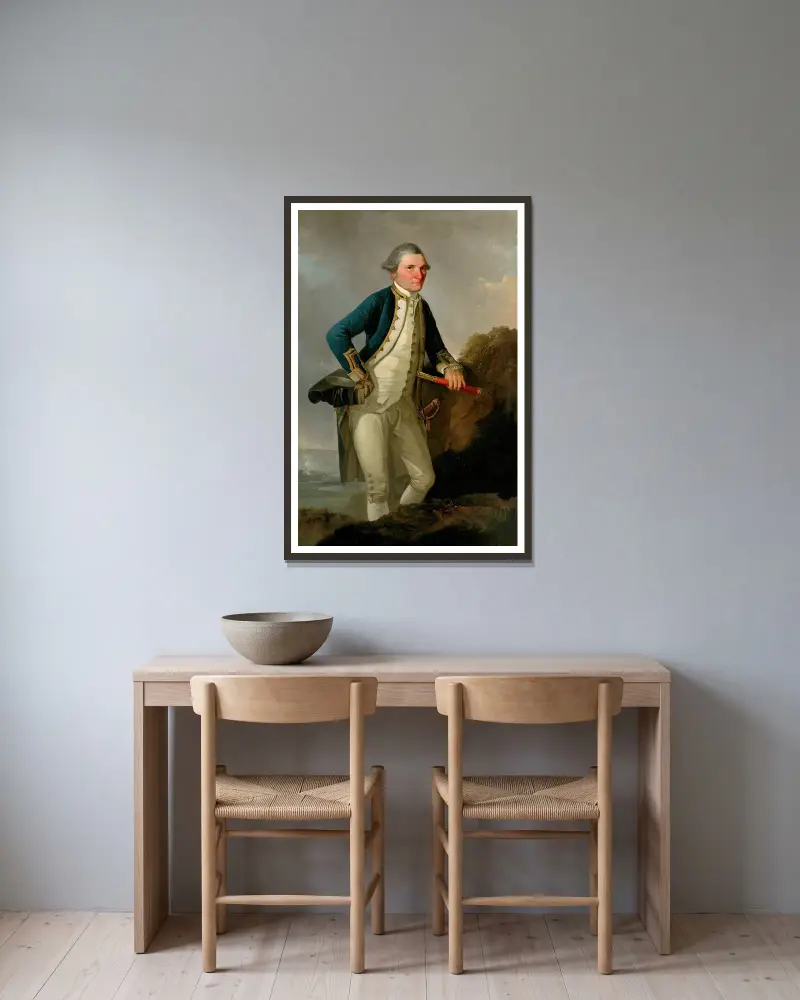 Portrait of Captain James Cook av John Webber inramad på en vägg