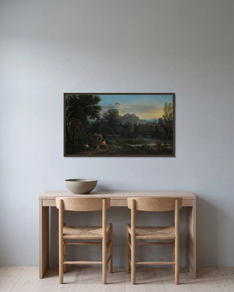 Skogslandskap med vilande figurer och badande i floden, en stad i bakgrunden av John Wootton inramad på en vägg