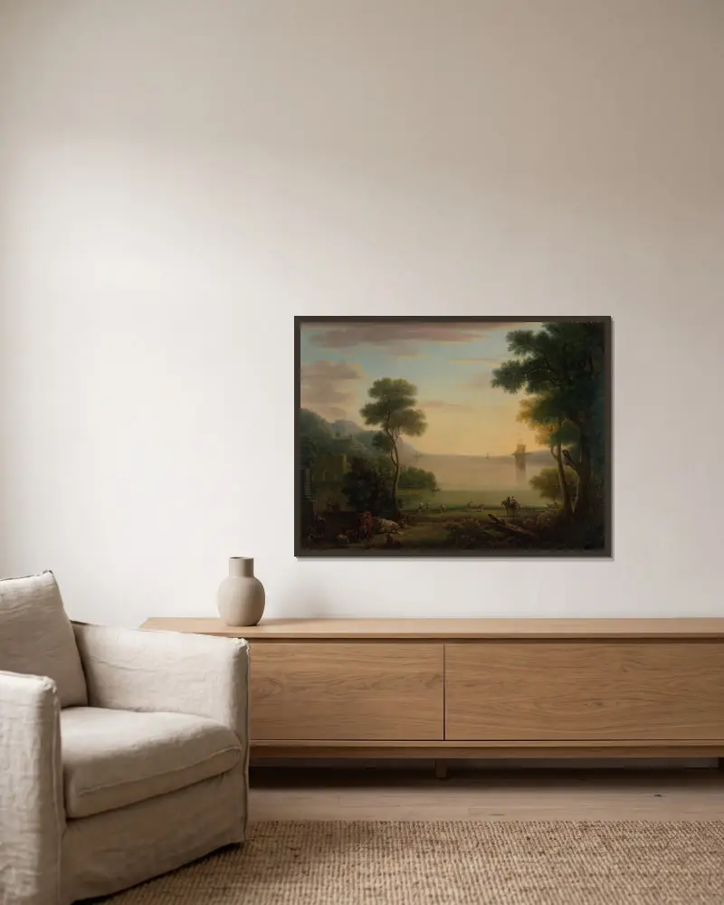 Classical Landscape with Figures and Animals; Sunset av John Wootton inramad på en vägg