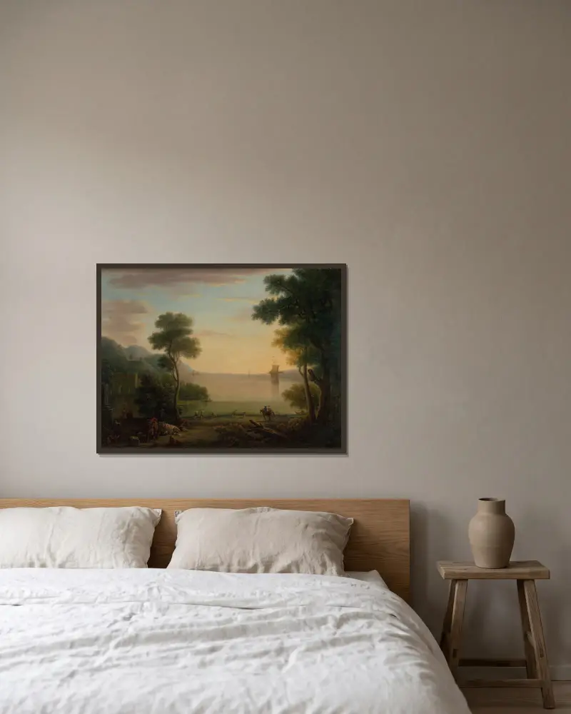 Classical Landscape with Figures and Animals; Sunset av John Wootton inramad på en vägg