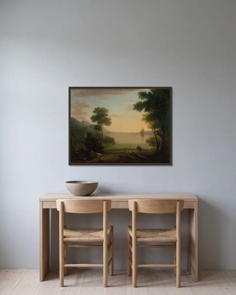 Classical Landscape with Figures and Animals; Sunset av John Wootton inramad på en vägg
