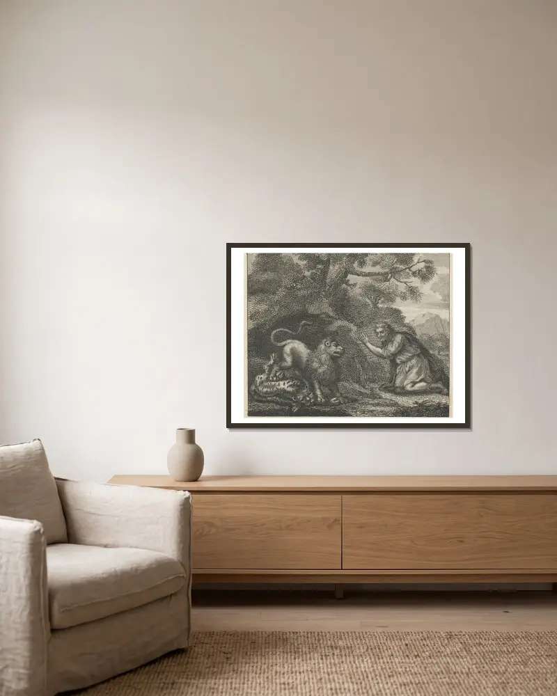 Fable I. The Lion, the Tiger, and the Traveller av John Wootton inramad på en vägg