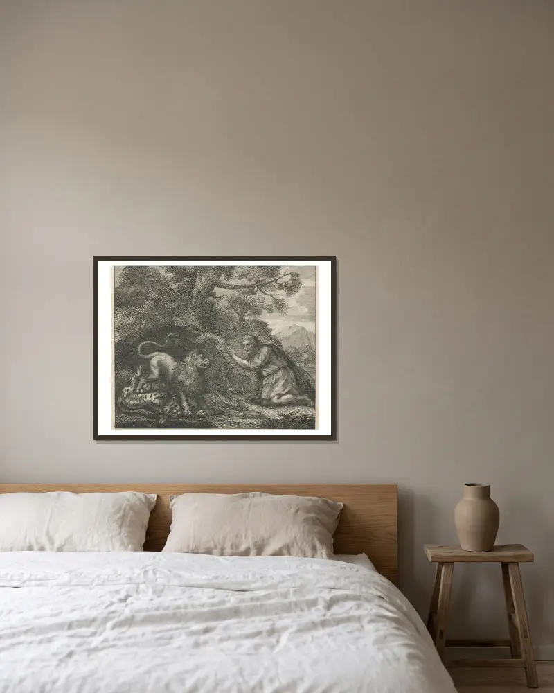 Fable I. The Lion, the Tiger, and the Traveller av John Wootton inramad på en vägg