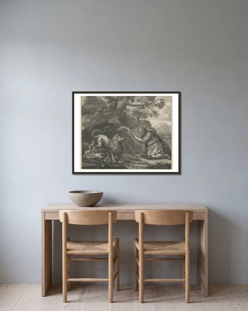 Fable I. The Lion, the Tiger, and the Traveller av John Wootton inramad på en vägg