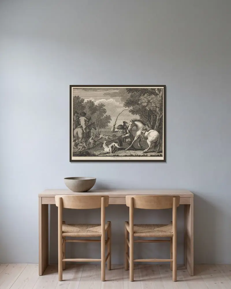 Fabel XLIV. Hunden och jägaren av John Wootton inramad på en vägg