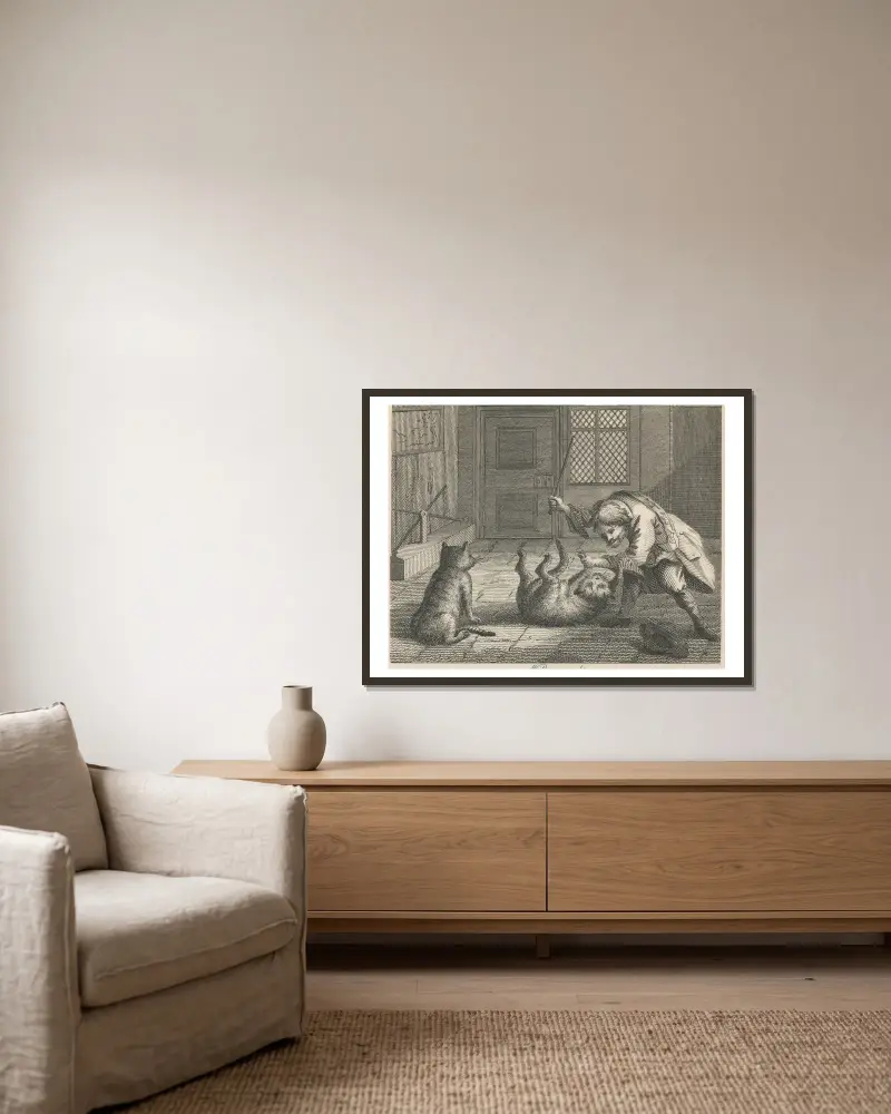 Fabel XXI. Der Rattenfänger und die Katzen von John Wootton gerahmt an einer Wand