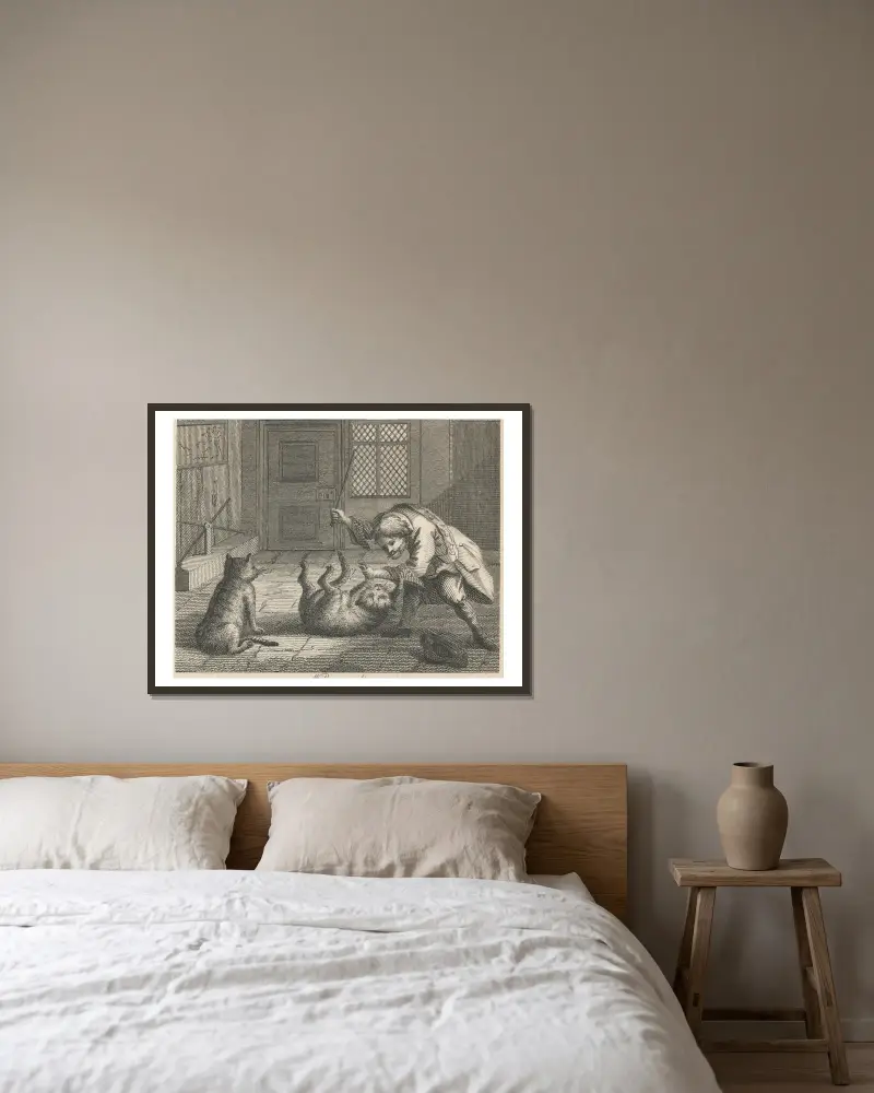 Fabel XXI. Der Rattenfänger und die Katzen von John Wootton gerahmt an einer Wand