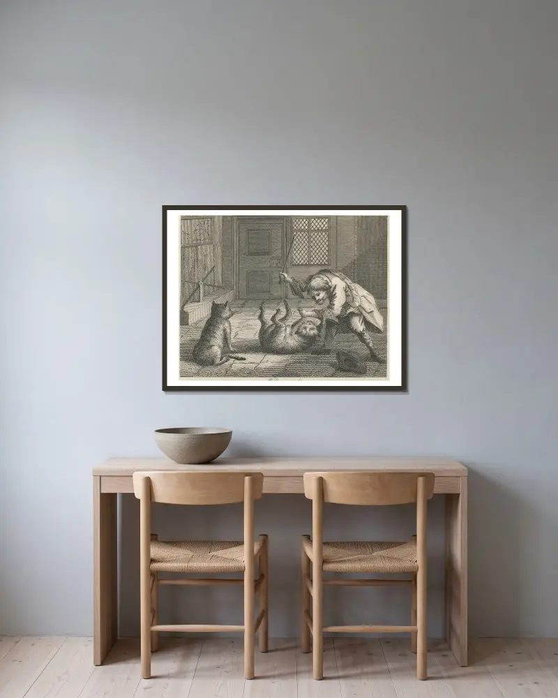 Fabel XXI. Der Rattenfänger und die Katzen von John Wootton gerahmt an einer Wand