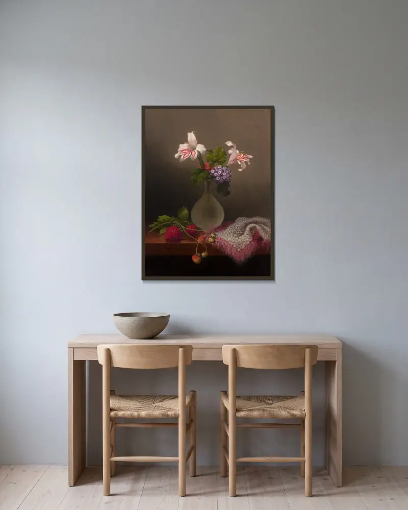A Vase of Corn Lilies and Heliotrope av Martin Johnson Heade inramad på en vägg