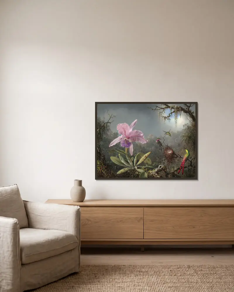 Cattleya Orchid and Three Hummingbirds av Martin Johnson Heade inramad på en vägg