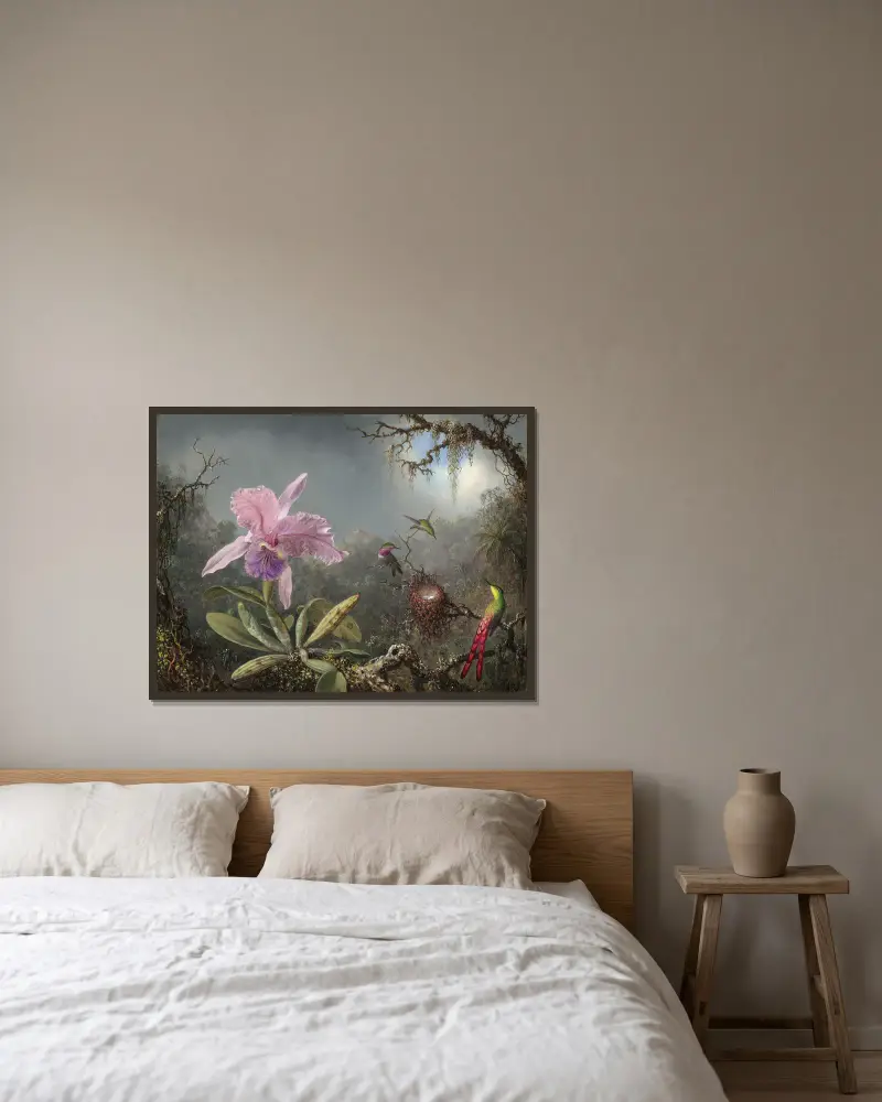 Cattleya Orchid and Three Hummingbirds av Martin Johnson Heade inramad på en vägg