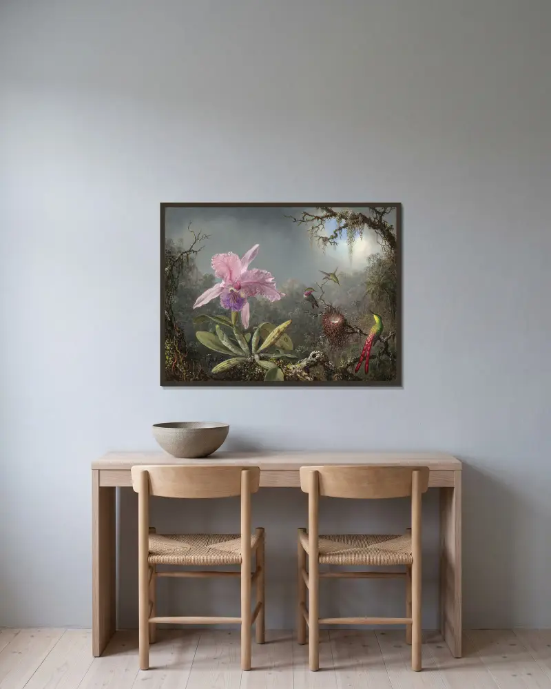 Cattleya Orchid and Three Hummingbirds av Martin Johnson Heade inramad på en vägg