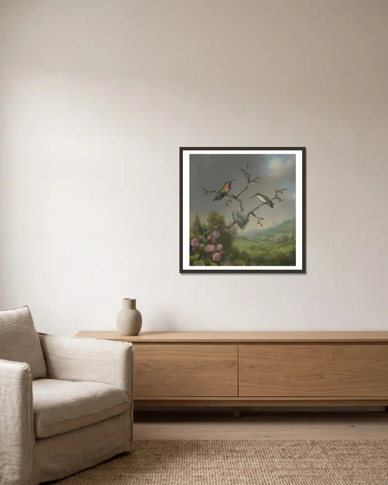 Hummingbirds and apple blossoms av Martin Johnson Heade inramad på en vägg