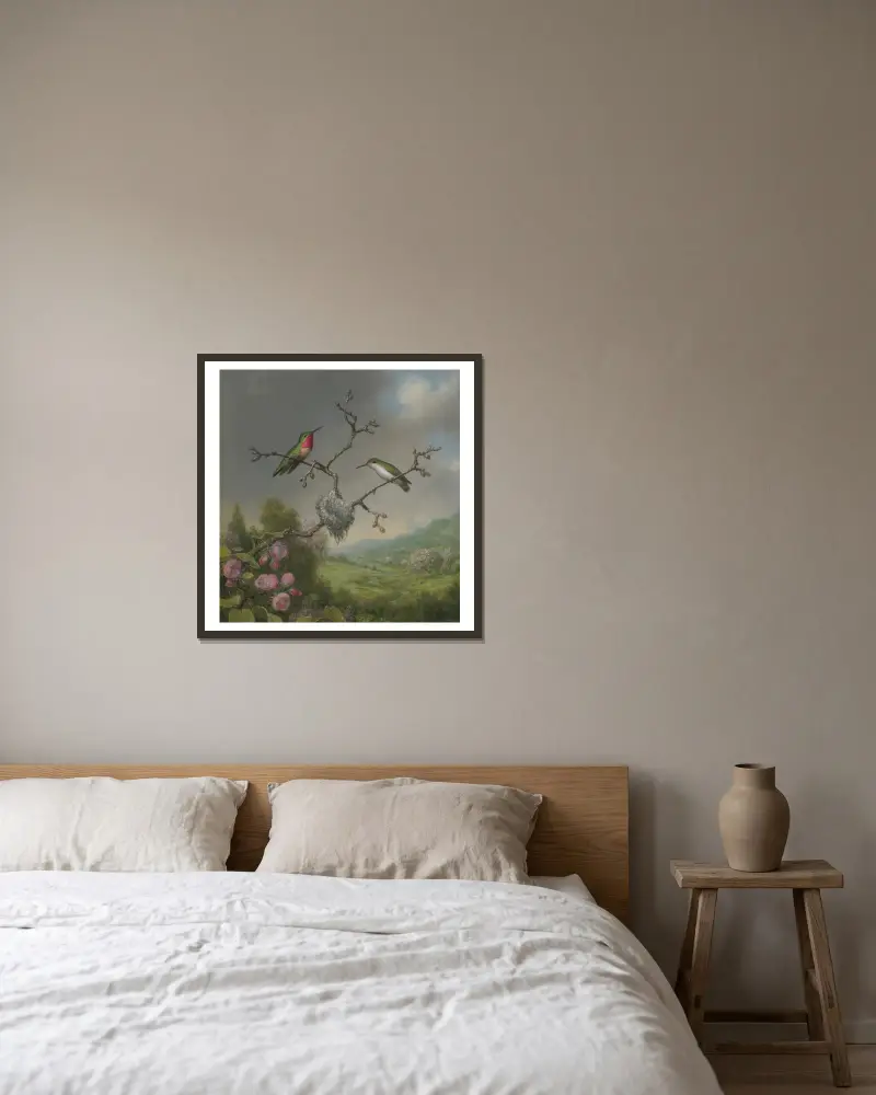 Hummingbirds and apple blossoms av Martin Johnson Heade inramad på en vägg