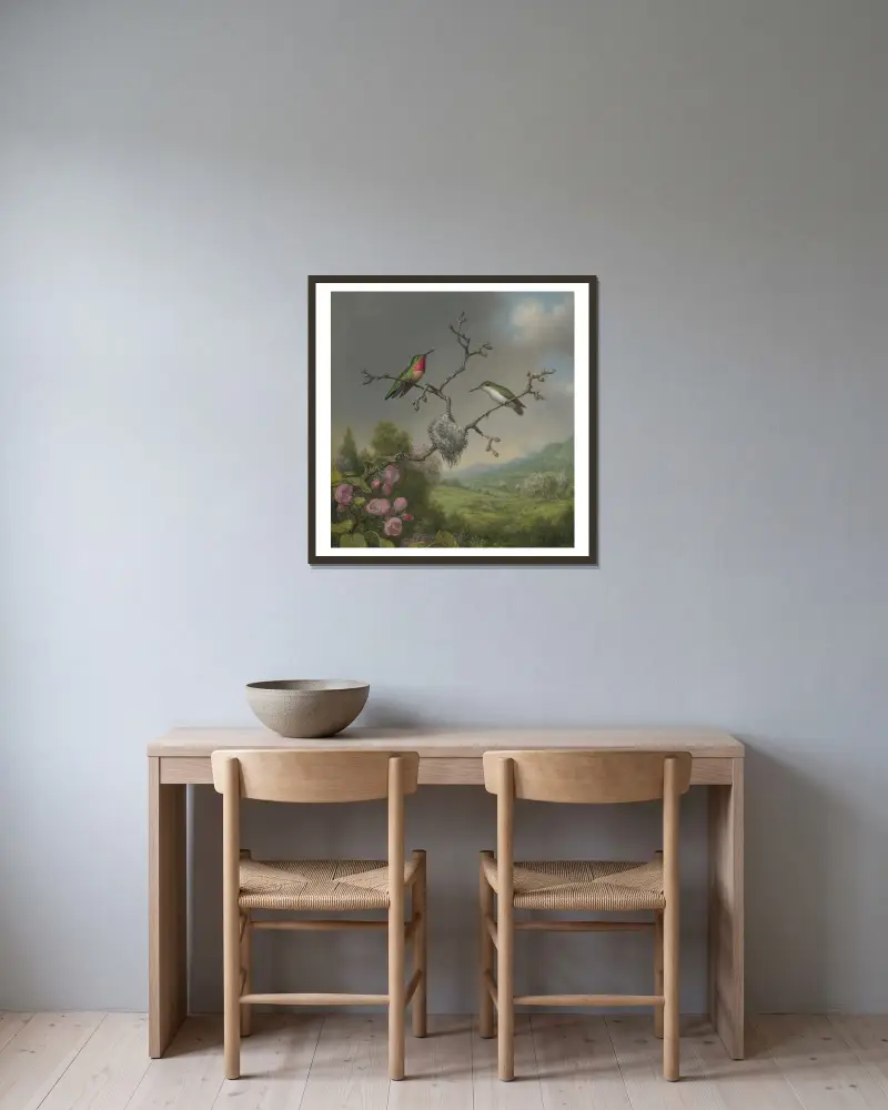 Hummingbirds and apple blossoms av Martin Johnson Heade inramad på en vägg